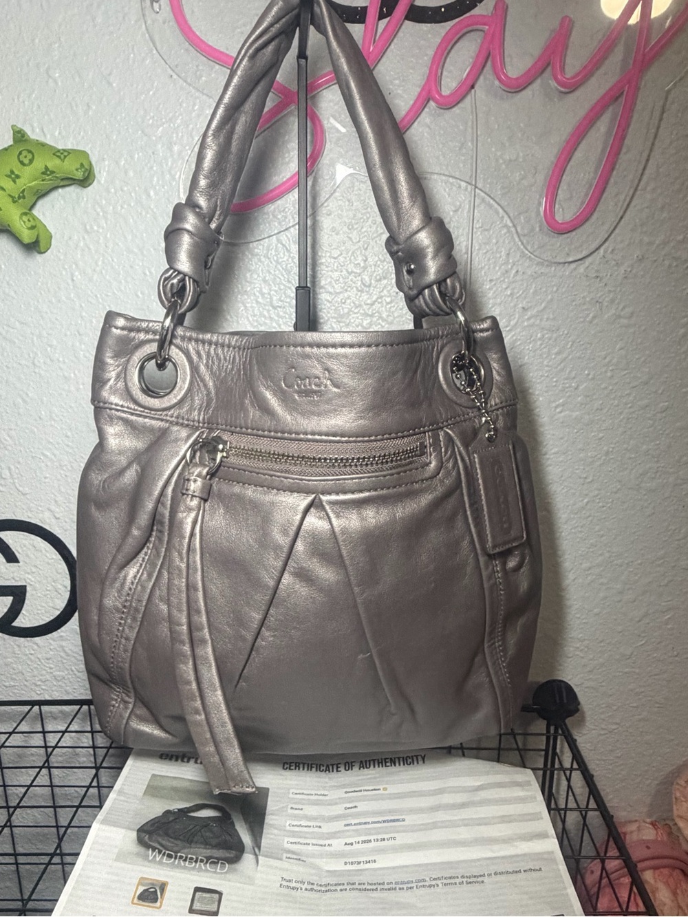 Coach Madison Maggie Shoulder Bag F13416 Metallic Silver Leather Hobo Y2